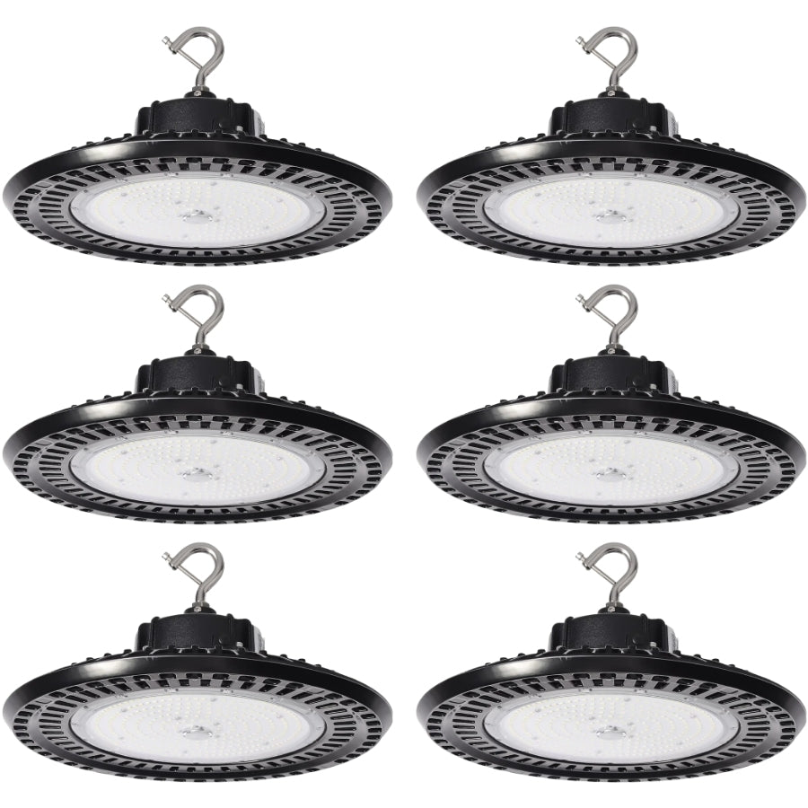 Six high-bay industrial lights on a white background