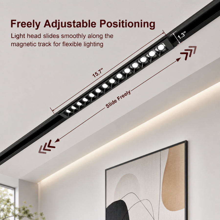 Magnetic grille spotlight track head sliding freely along a 24V magnetic ceiling track, allowing flexible positioning for precise architectural and accent lighting applications.