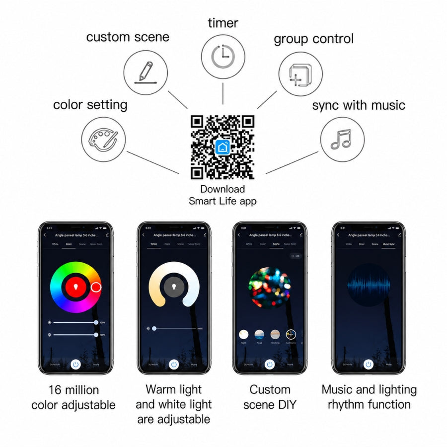 Wi-Fi recessed lights with Smart Life app support, custom scenes, timers, group control, and music sync functionality.