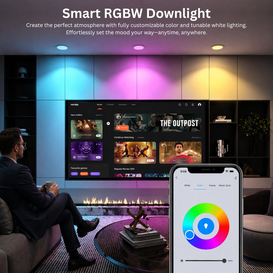 Smart RGBW recessed lights illuminating a modern living room with customizable colors controlled via mobile app.