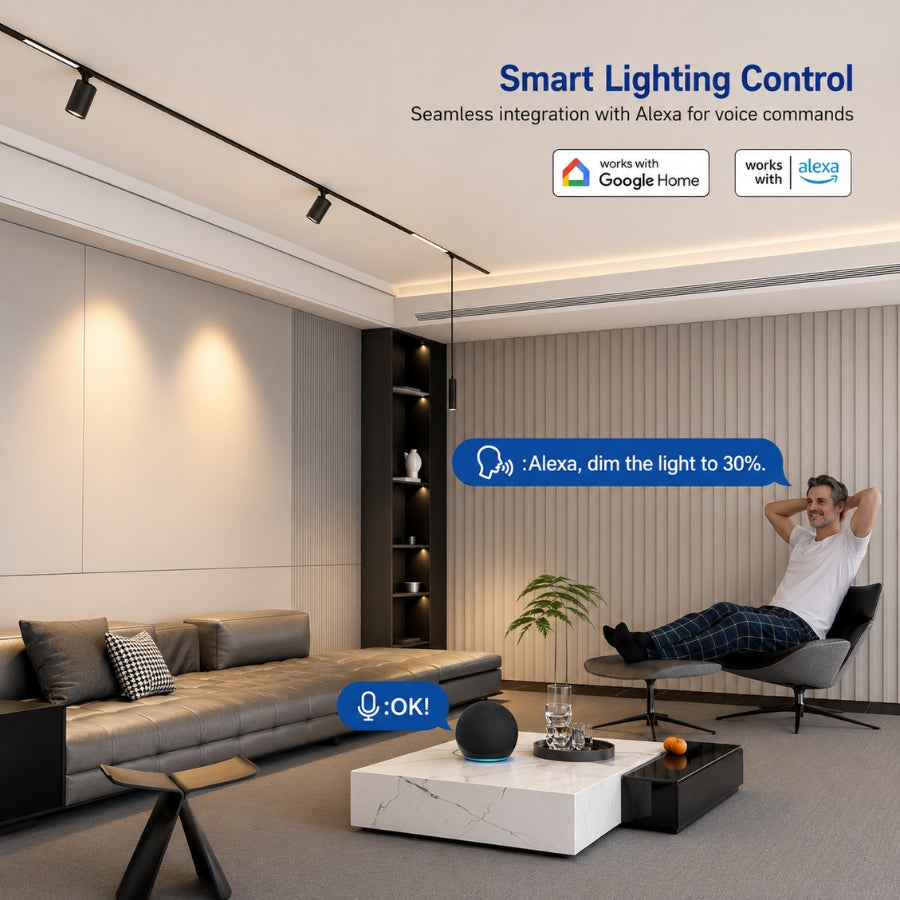 Modern living room illuminated by smart magnetic floodlight track lighting compatible with Amazon Alexa and Google Home, supporting voice, app, and remote control.
