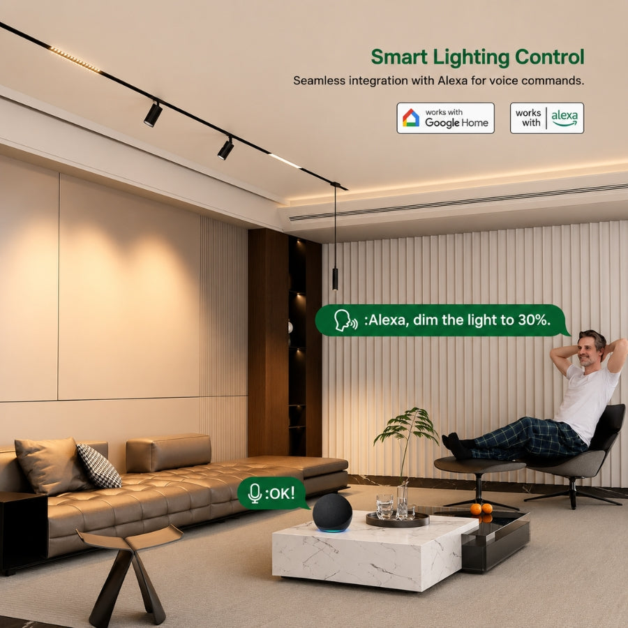 Smart magnetic track lighting system compatible with Alexa and Google Home, allowing hands-free voice commands, remote control, and app-based dimming for connected home lighting.