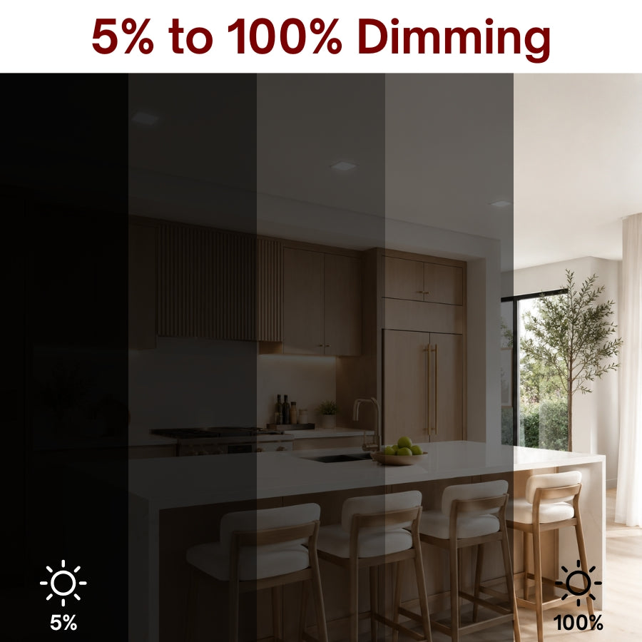 4-inch square LED downlight with smooth 5% to 100% dimming capability for flexible ambient and task lighting.
