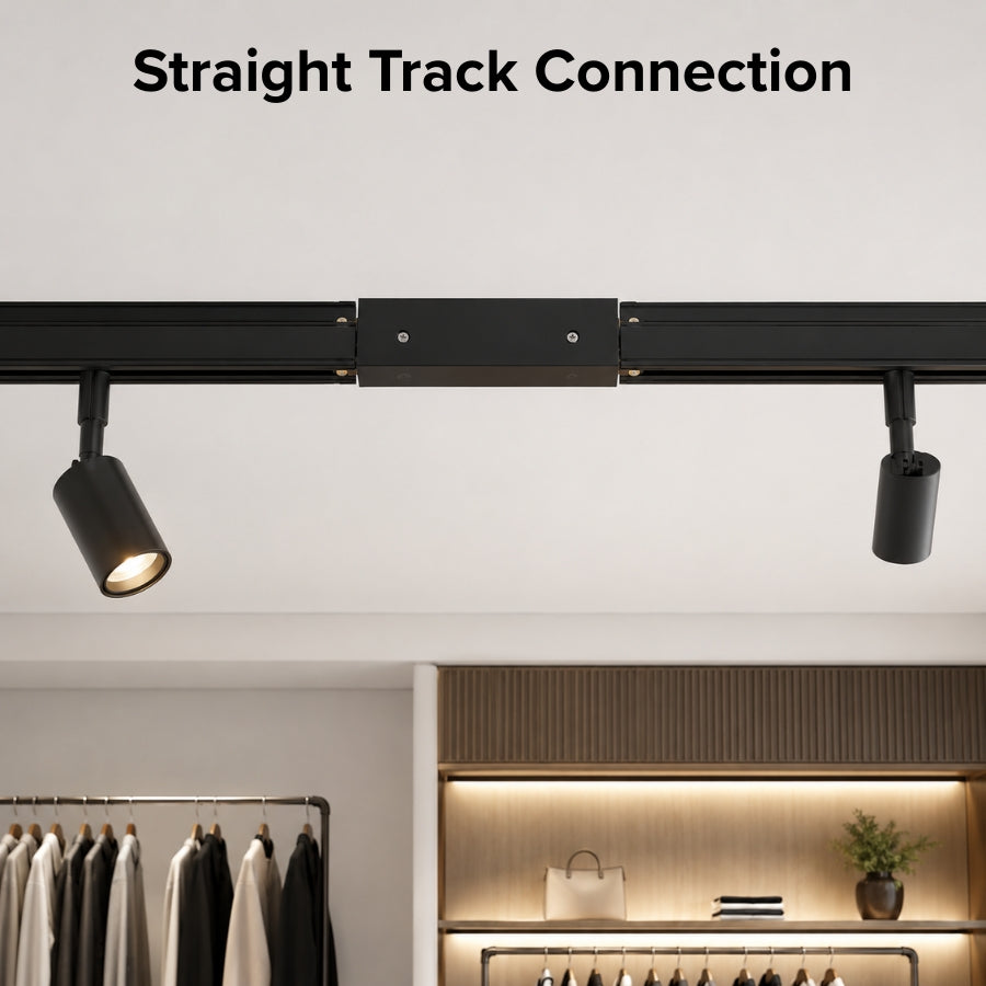 Black center power feed connector joining two straight single circuit track lighting sections, creating a continuous electrical connection for commercial and residential lighting systems.
