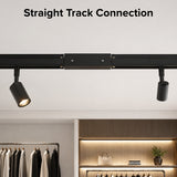 Black center power feed connector joining two straight single circuit track lighting sections, creating a continuous electrical connection for commercial and residential lighting systems.