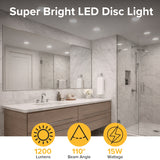 Super bright LED disc light 1200 lumens 15W with wide beam angle for indoor lighting