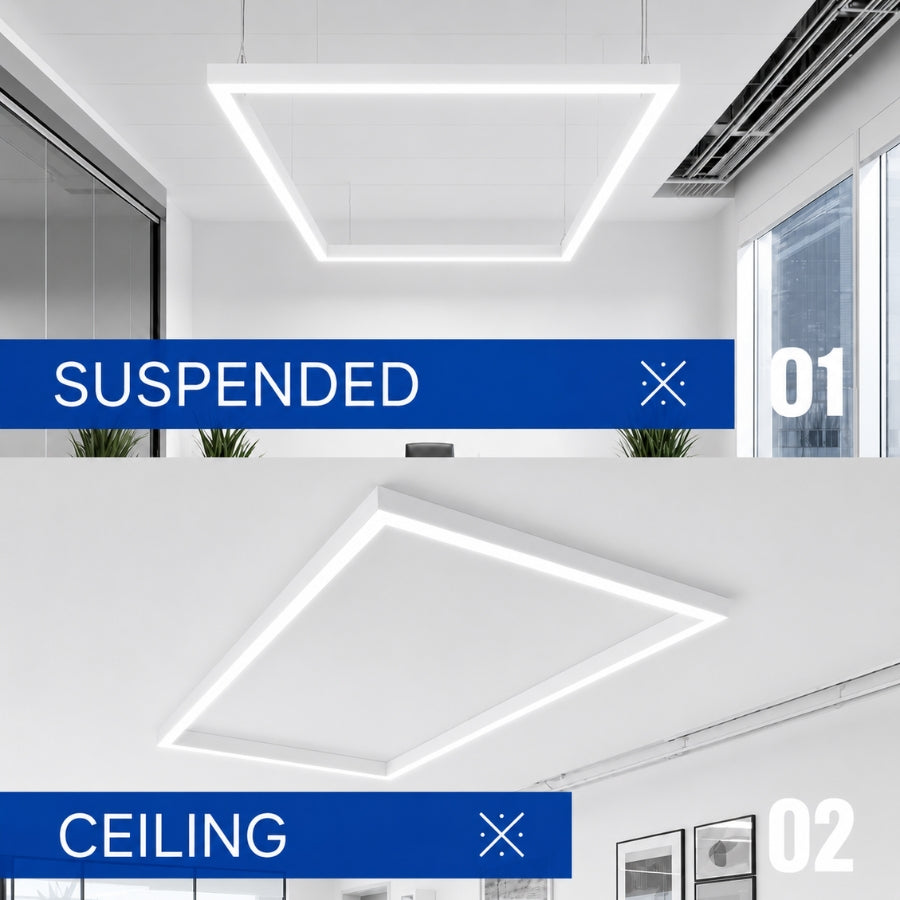 White LED linear fixture installed as suspended pendant and surface-mounted ceiling light.
