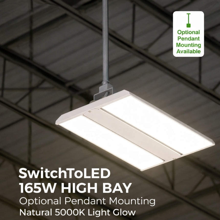 SwitchToLED 165W High Bay light fixture with pendant mounting option on a ceiling.