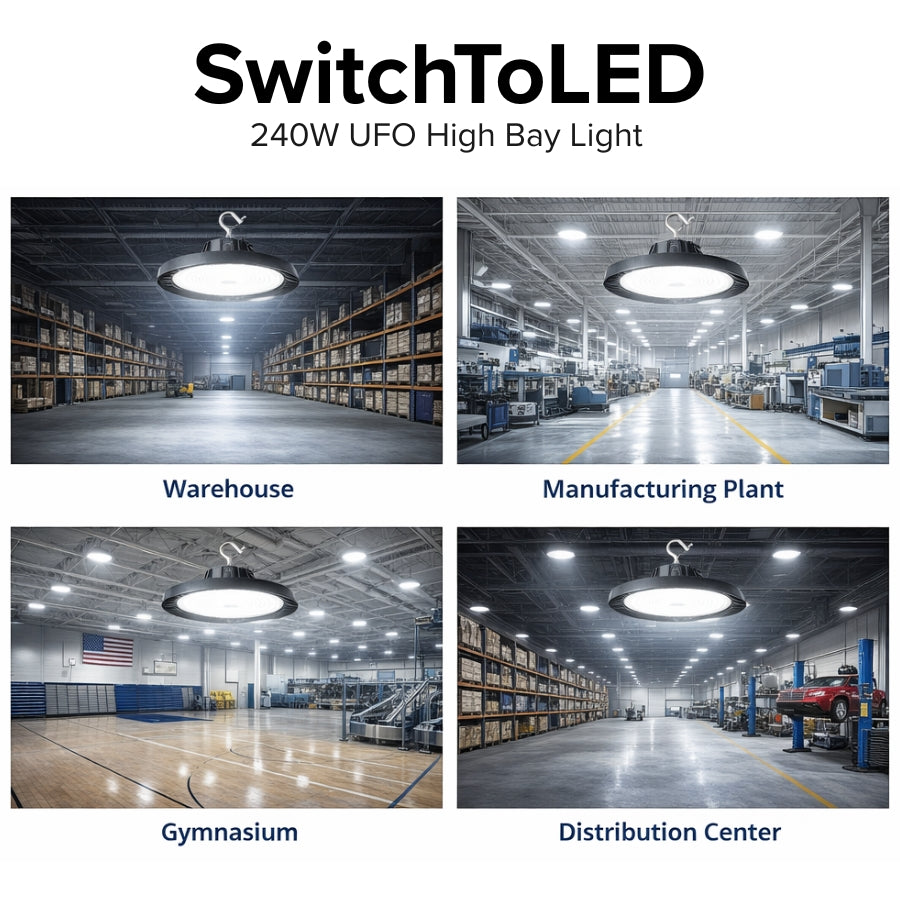 SwitchToLED 240W UFO High Bay Light showing its use in warehouse, manufacturing plant, gymnasium, and distribution center.