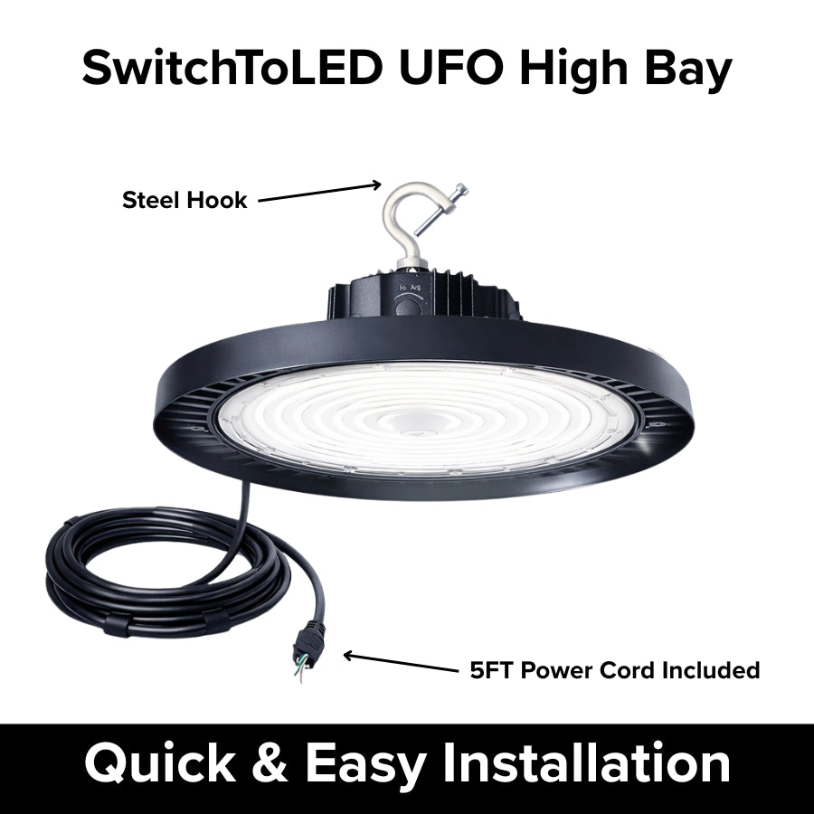 SwitchToLED UFO High Bay light fixture with steel hook and 5FT power cord on a white background