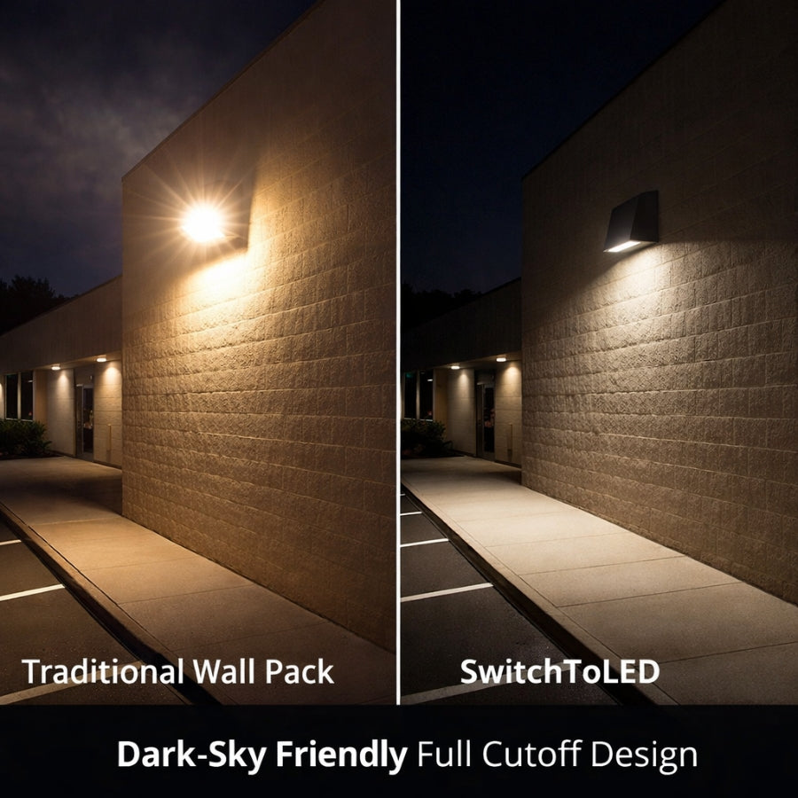 Comparison of traditional wall pack and SwitchToLED outdoor lighting fixtures on a building exterior.