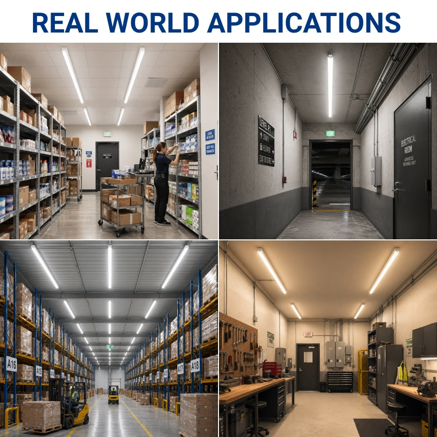 Collage of warehouse and office interior scenes with text 'Real World Applications'.