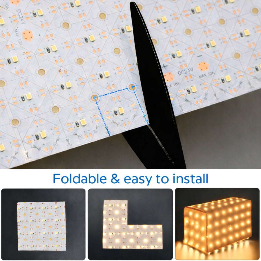 LED light panel with folding feature, showing installation process and illuminated state.