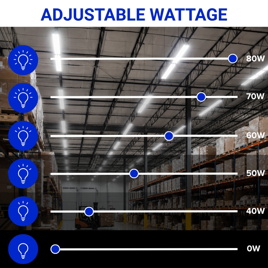 Warehouse interior with adjustable wattage lighting diagram on a white background