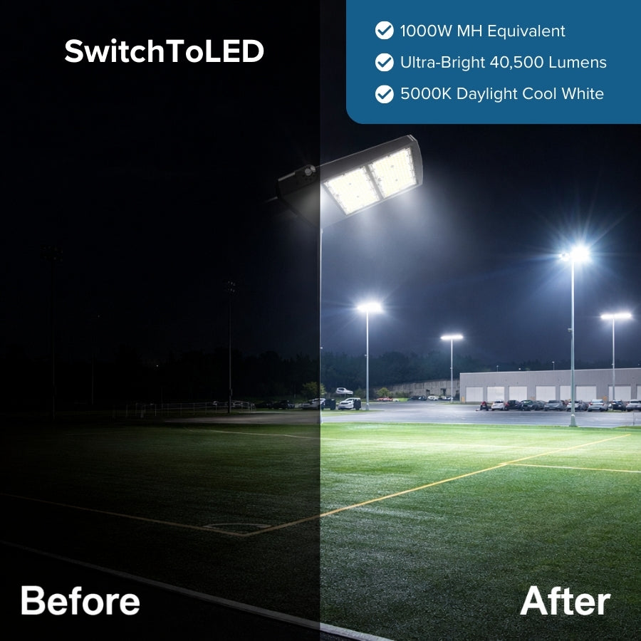 Before and after comparison of a sports field illuminated by LED lights with SwitchToLED branding.