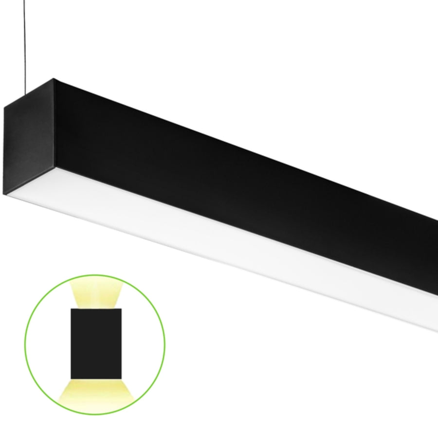 Black rectangular pendant light fixture on a white background