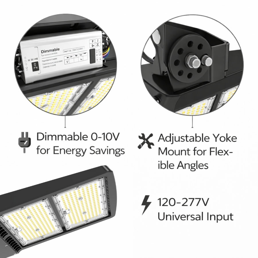 led outdoor flood lights commercial with features highlighted on a white background