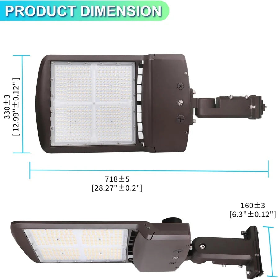 Dimensions of a wall mounted led parking lot lights​ with measurement labels on a white background