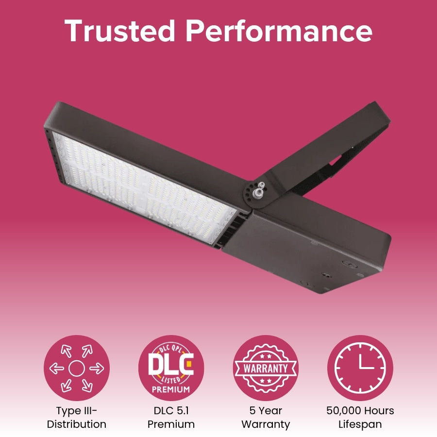 Commercial-grade LED flood light with DLC 5.1 Premium certification, UL listing, 50,000-hour lifespan, and backed by a 5-year warranty.