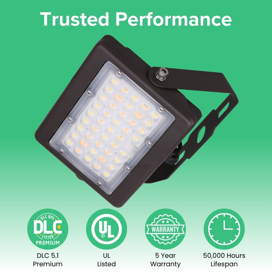 Reliable LED flood light with DLC Premium and UL certifications, offering 50,000-hour lifespan and backed by a 5-year warranty.