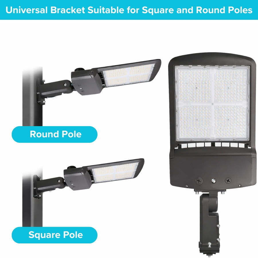 Universal bracket suitable for square and round poles with a street light on a white background.