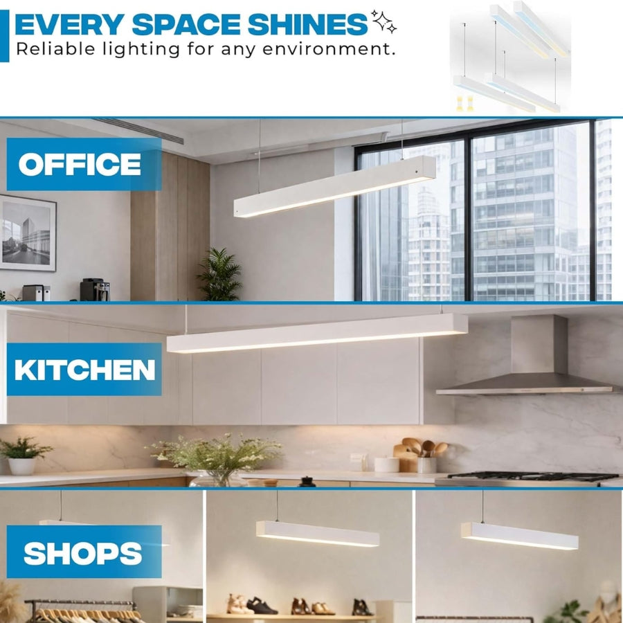 Linear LED lights installed in office, kitchen, and retail environments, highlighting versatility and modern aesthetic across different spaces.