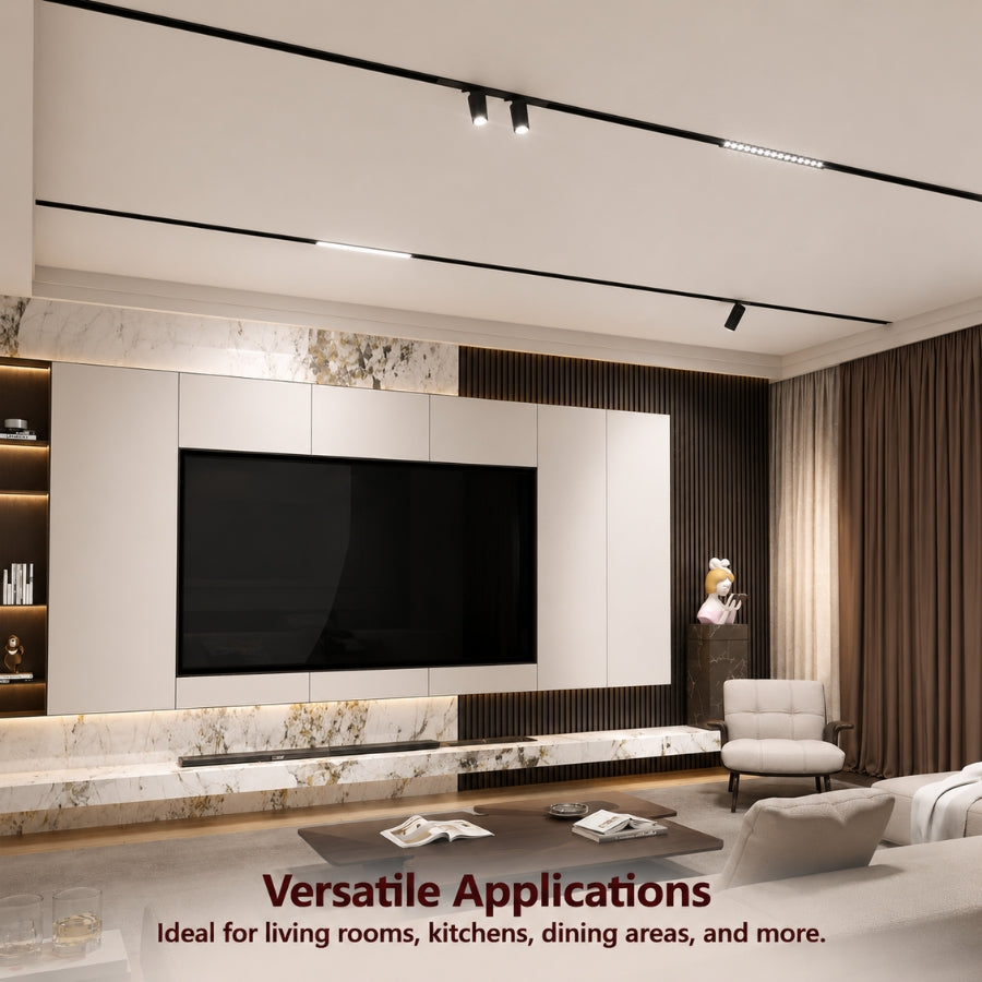 Modern entertainment room featuring magnetic grille LED track lighting, ideal for living rooms, kitchens, dining spaces, offices, and premium residential lighting projects.