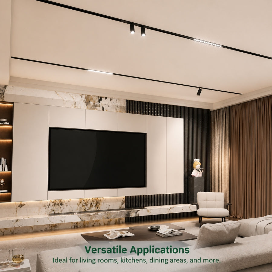 Premium interior showcasing adjustable magnetic LED track lighting in a living room, demonstrating versatile illumination for entertainment areas, kitchens, dining spaces, and modern residential environments.