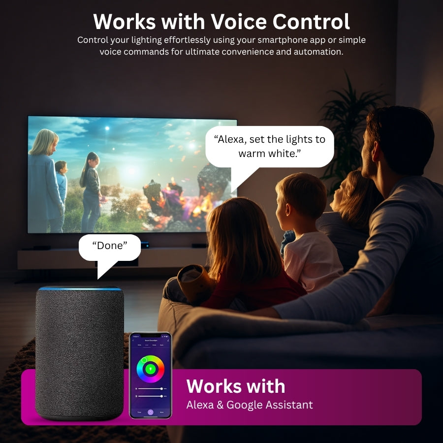 Smart RGBW downlights controlled via voice commands using Alexa or Google Assistant in a home setting.
