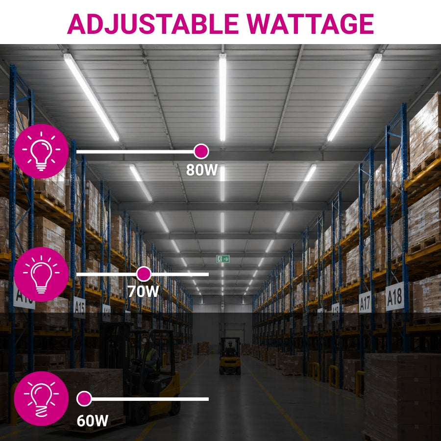 Warehouse interior with adjustable wattage lighting indicators on the ceiling
