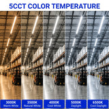 Warehouse interior with lighting color temperature effects displayed on a blue background.