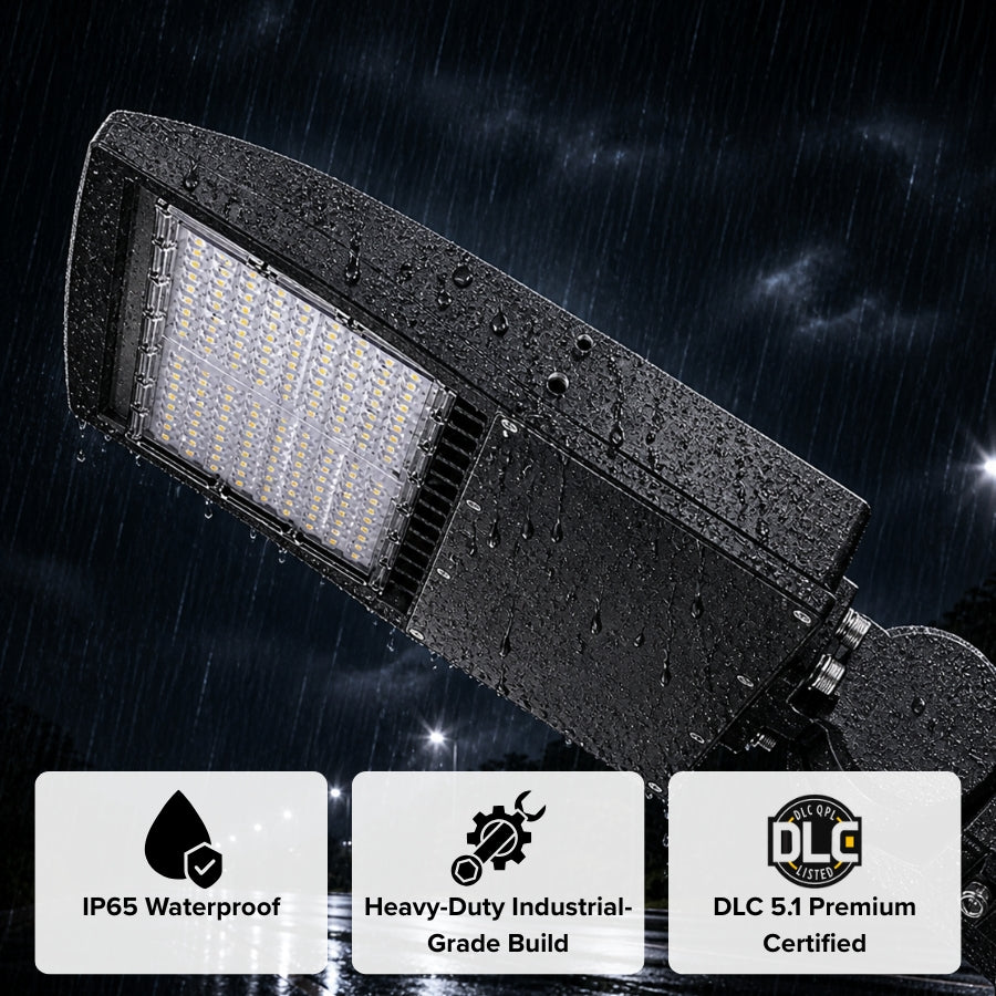 LED flood light with raindrops on a dark background, featuring waterproof, industrial-grade, and DLC certified labels.