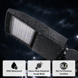 LED flood light with raindrops on a dark background, featuring waterproof, industrial-grade, and DLC certified labels.