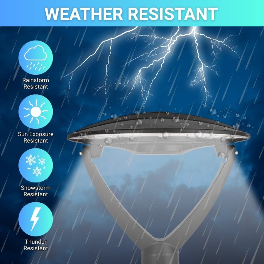 Weather-resistant street light with icons indicating rain, sun, snow, and thunder resistance on a blue background.