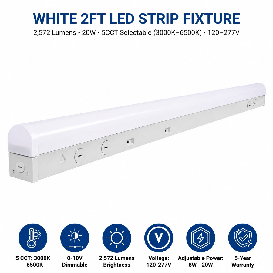 White 2ft LED strip fixture with specifications on a white background