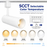 White LED track light with slide switch to select 2700K, 3000K, 3500K, 4000K, or 5000K color temperatures.