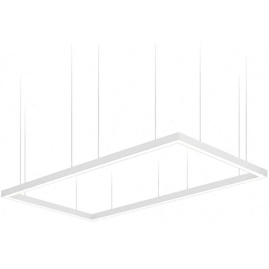 SwitchToLED white rectangular LED linear pendant light suspended from ceiling.
