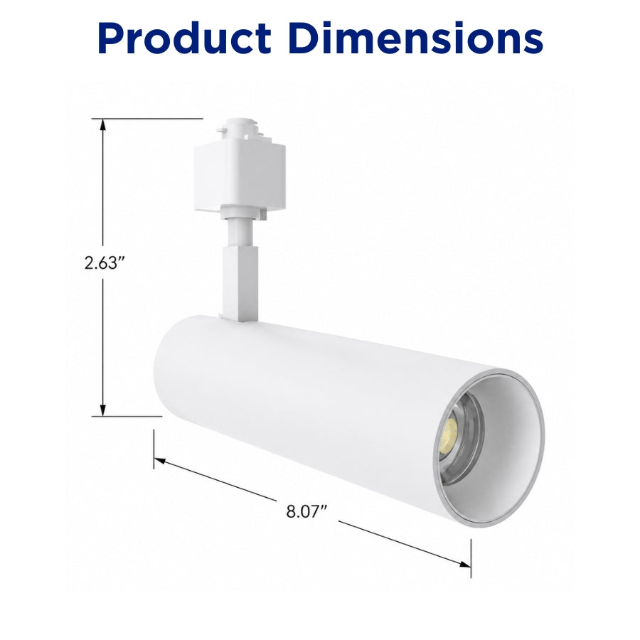 Dimension diagram of the white 10W/15W/20W LED track light measuring 8.07 inches long for commercial installations.