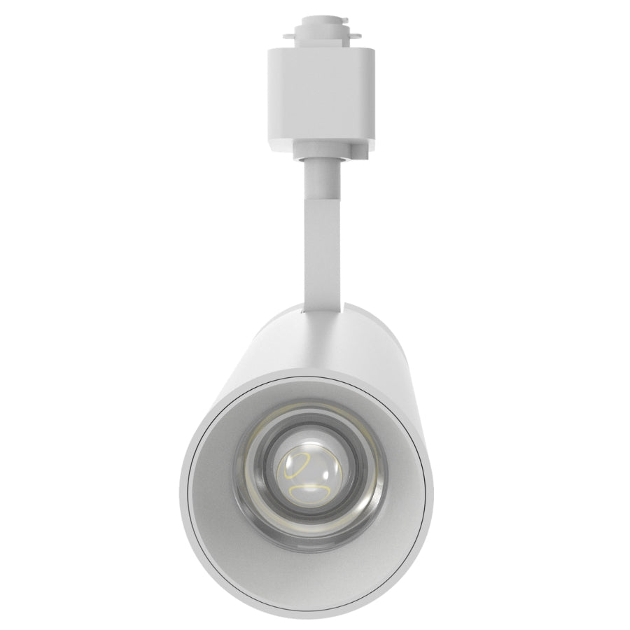 Front view of the white LED track light highlighting the optical lens and deep reflector for focused illumination.