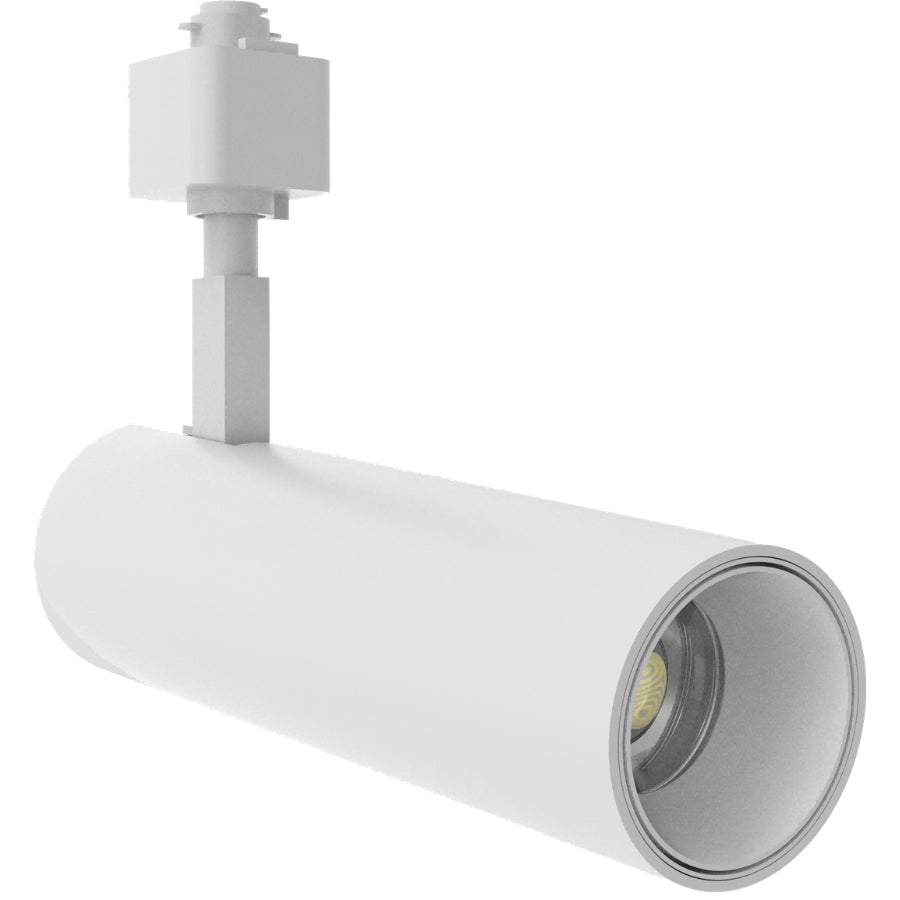 Angled side view of the white cylindrical LED track light with adjustable track mounting.