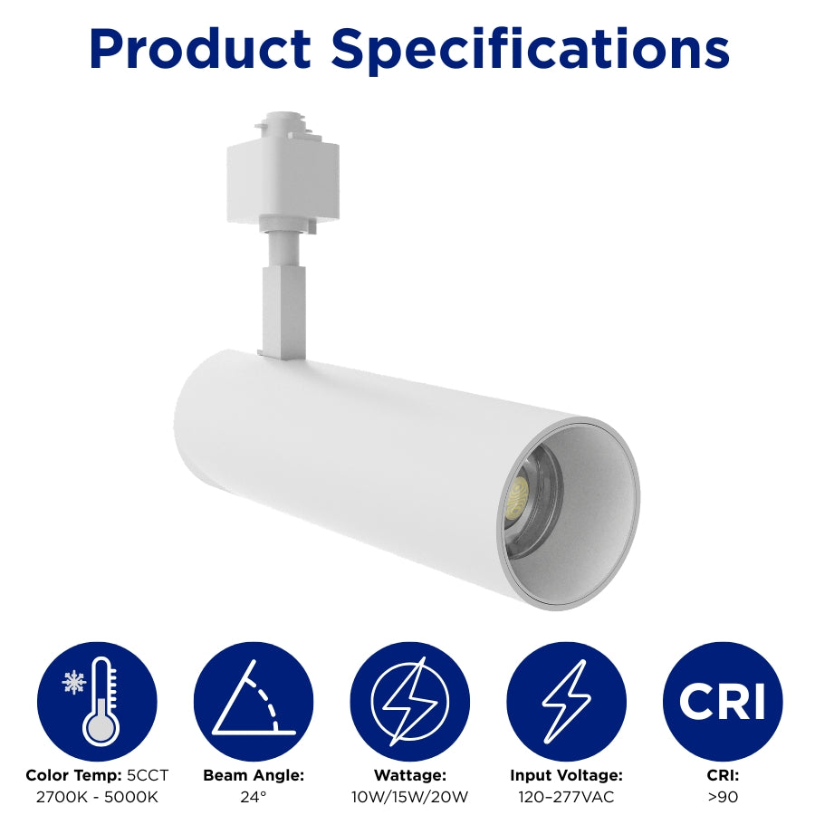 Product specifications of the white LED track light featuring 10W/15W/20W selectable wattage, 5CCT, CRI 90+, and 120-277V input.