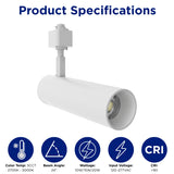 Product specifications of the white LED track light featuring 10W/15W/20W selectable wattage, 5CCT, CRI 90+, and 120-277V input.