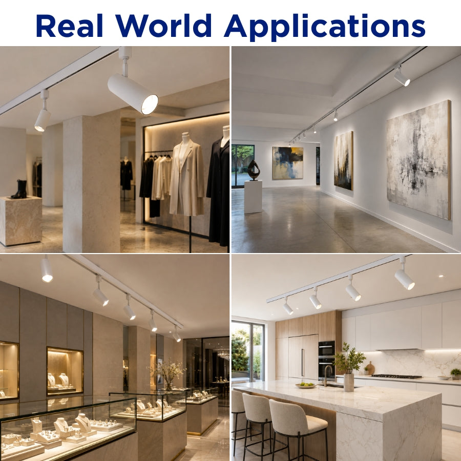 White LED track light used for retail stores, art galleries, jewelry displays, boutiques, and modern kitchens.