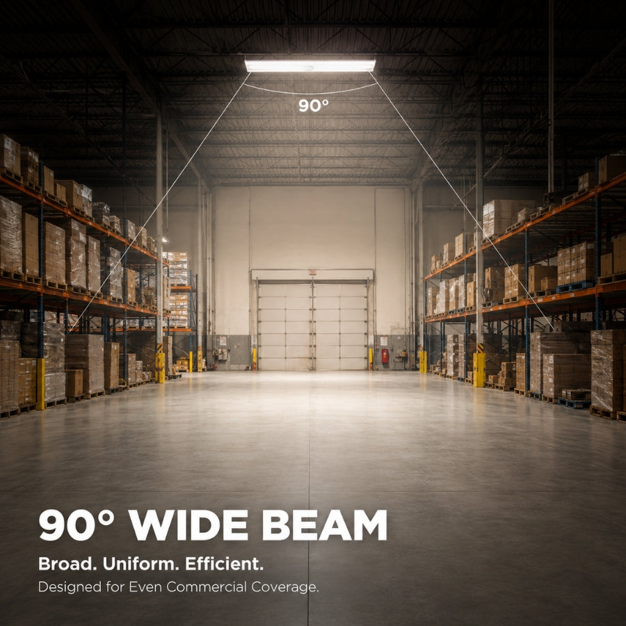 A warehouse aisle with tall shelving on both sides, a large garage-style door at the far end, and overlaid text reading '90° WIDE BEAM' with a diagram showing a light beam spreading 90 degrees from a ceiling fixture.