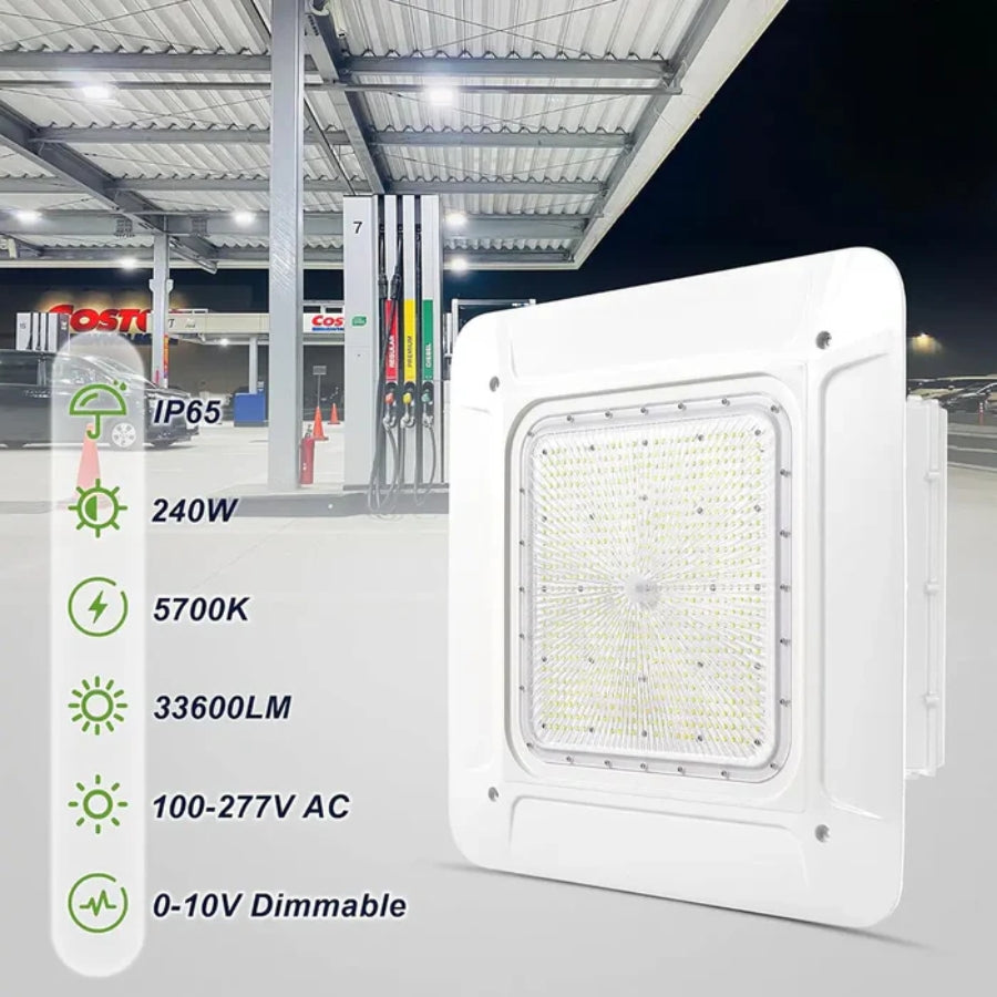 affordable led canopy lighting for commercial gas stations​ with specifications displayed on a background of a gas station at night.