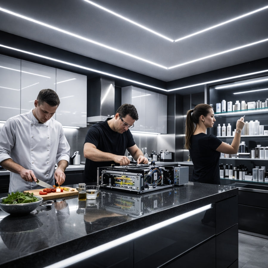 Three chefs working in a modern kitchen with sleek design and lighting.
