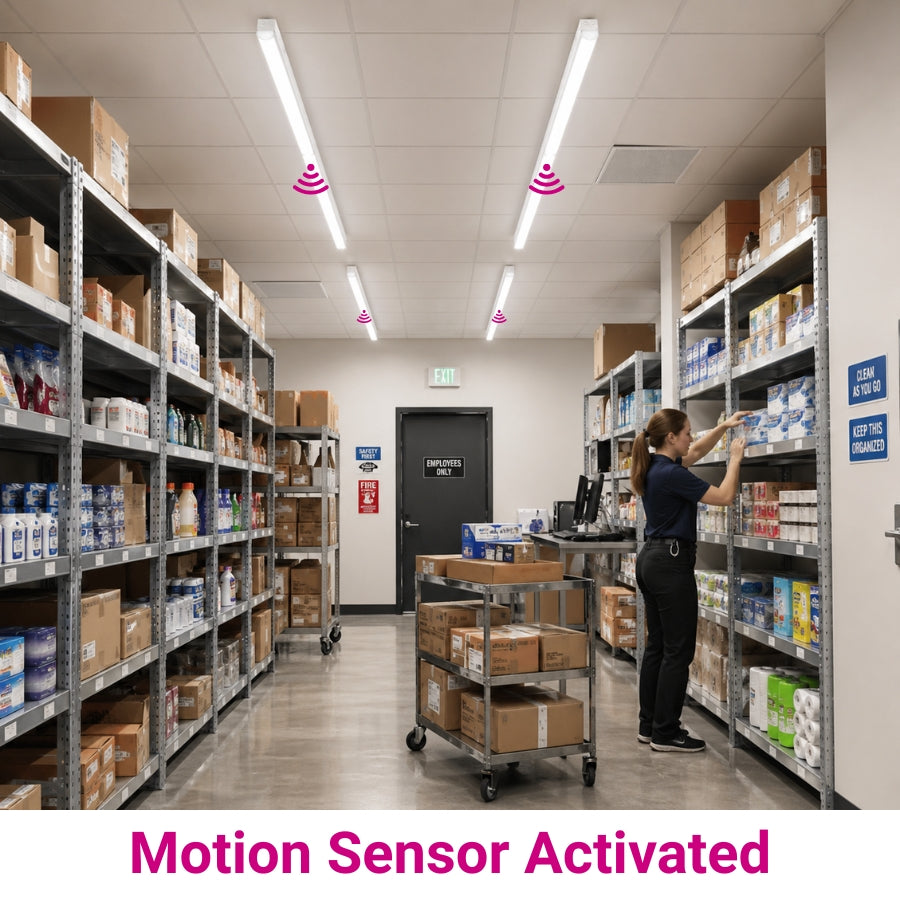 Person working in a warehouse with shelves stocked and motion sensor activated text. application of linear 8ft light fixture at switchtoled.com