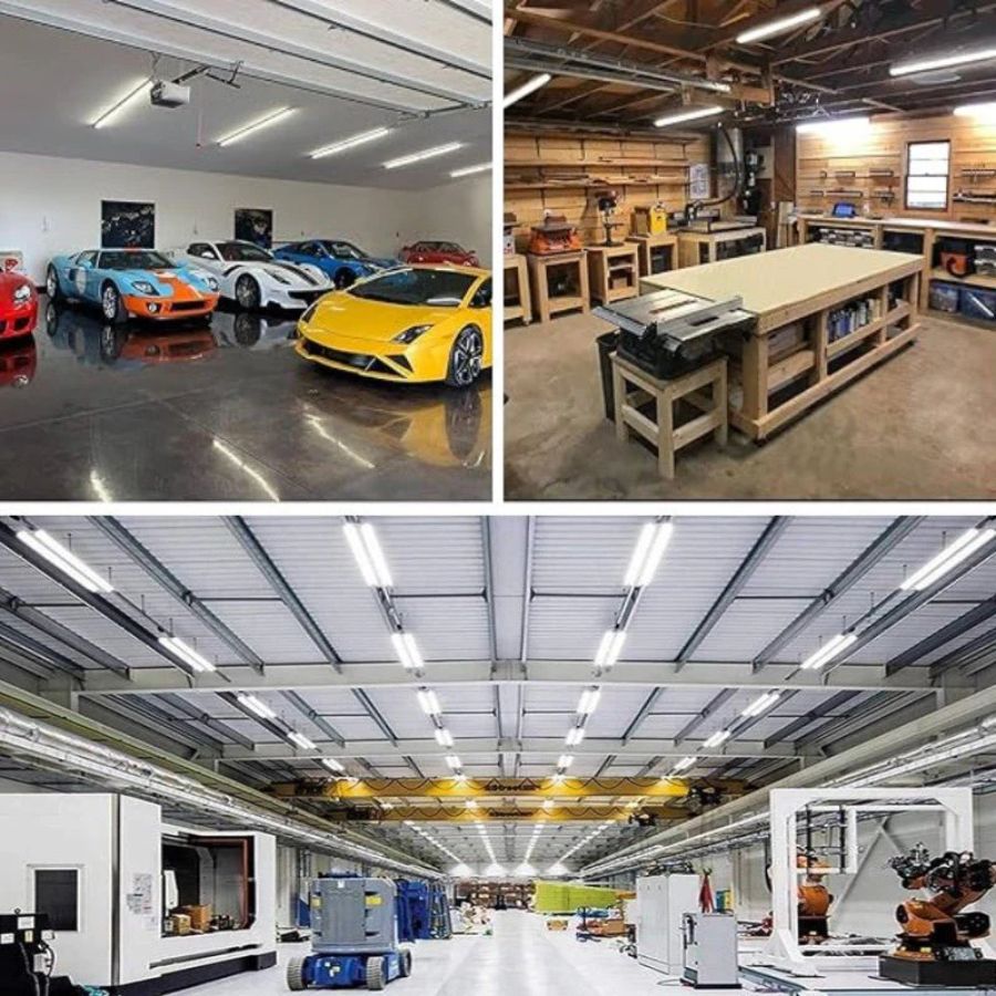 SwitchToLED T8 LED shop lights installed in garage, workshop, and industrial warehouse for bright uniform lighting