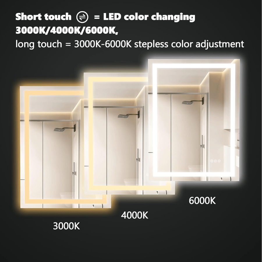 bathroom mirror with led lighting 3K-6K Warm/Natural/Daylight showing color temperature 