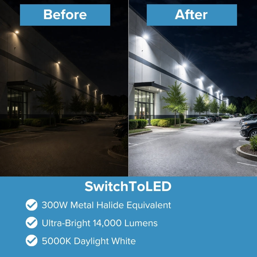 before and after LED flood light upgrade 300W metal halide replacement brighter outdoor lighting